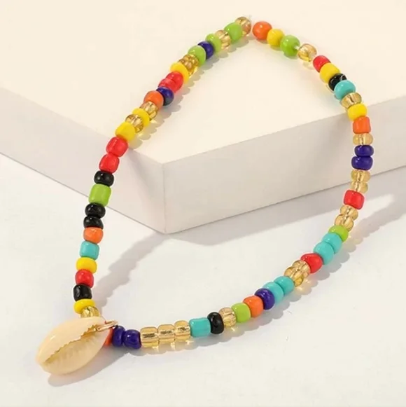 Colorful Beaded Anklet with Puka Shell Charm - Picture 3 of 5
